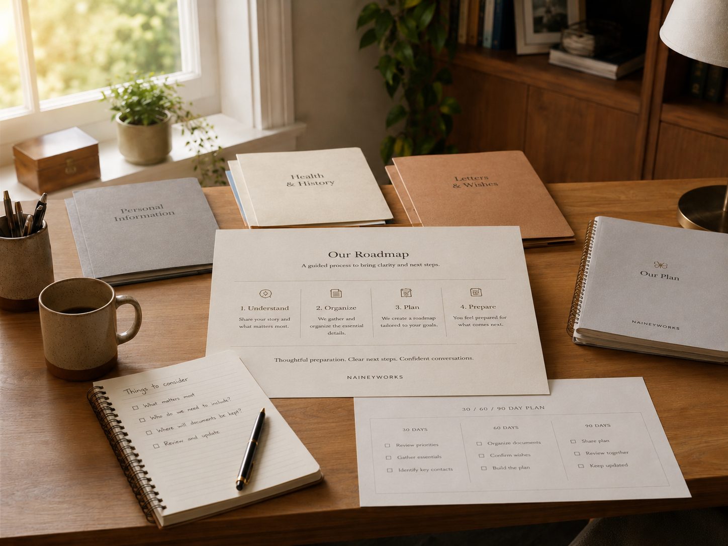 A family readiness roadmap with document inventory, family roles, and 30/60/90 next steps.