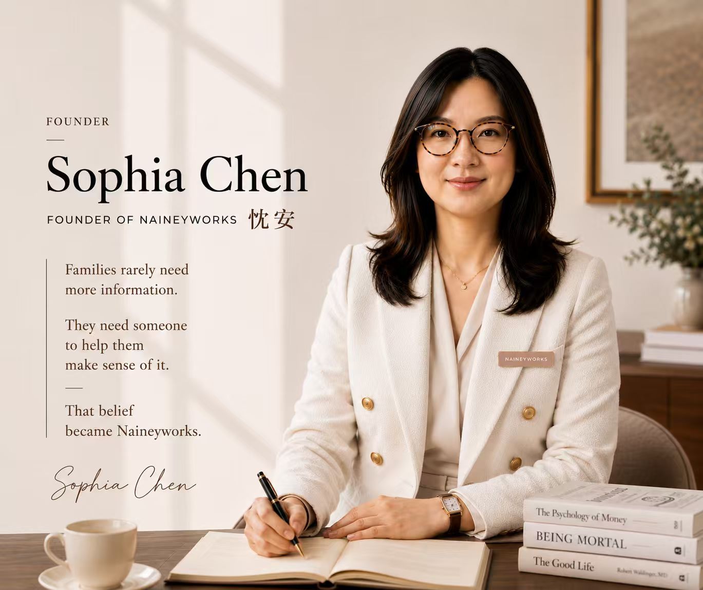 Sophia Chen, Founder of Naineyworks, a bilingual family readiness consultant, in a warm room with natural light.